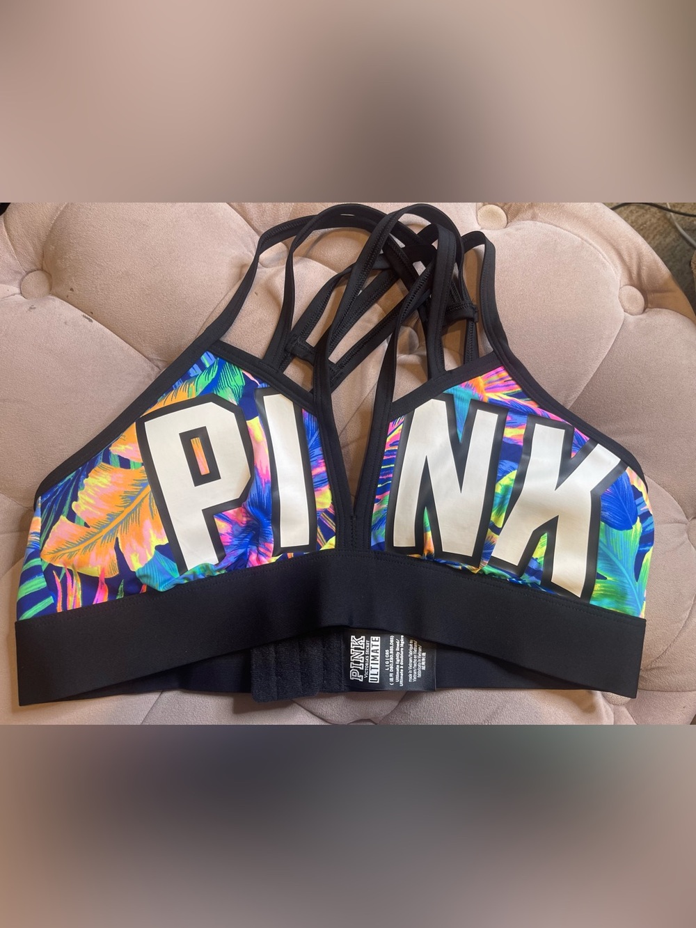 PINK Victoria's Secret Neon Tropical Print Strappy Sports Bra - Black Trim